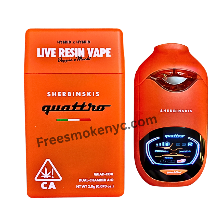 Sherbinskis Quattro 2G Live Resin Disposable featuring Doppio and Mochi strains on transparent background.