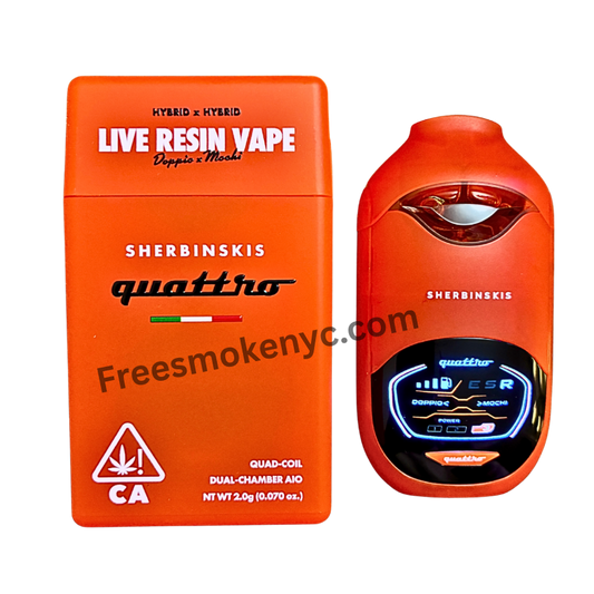 Sherbinskis Quattro 2G Live Resin Disposable featuring Doppio and Mochi strains on transparent background.