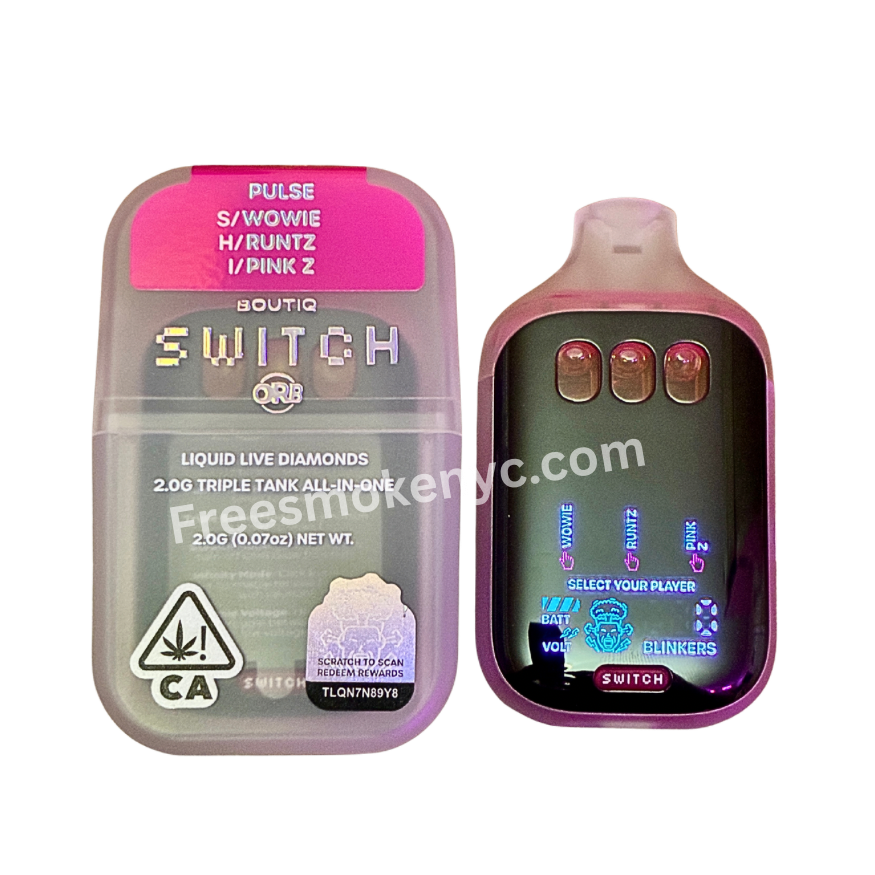 BOUTIQ SWITCH V5 (3-in-1) ORB “PULSE” Limited Edition disposable vape packaging and device on transparent background, showcasing Wowie, Runtz, and Pink Z strains.