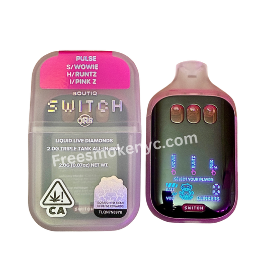 BOUTIQ SWITCH V5 (3-in-1) ORB “PULSE” Limited Edition disposable vape packaging and device on transparent background, showcasing Wowie, Runtz, and Pink Z strains.