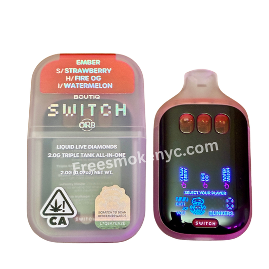 BOUTIQ SWITCH V5 (3-in-1) ORB “EMBER” Limited Edition disposable vape packaging and device on transparent background, featuring Strawberry, Fire OG, and Watermelon strains.
