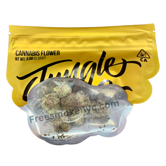 Jungle Boys Blu Zerdz hybrid cannabis flower in gold packaging on a transparent background 