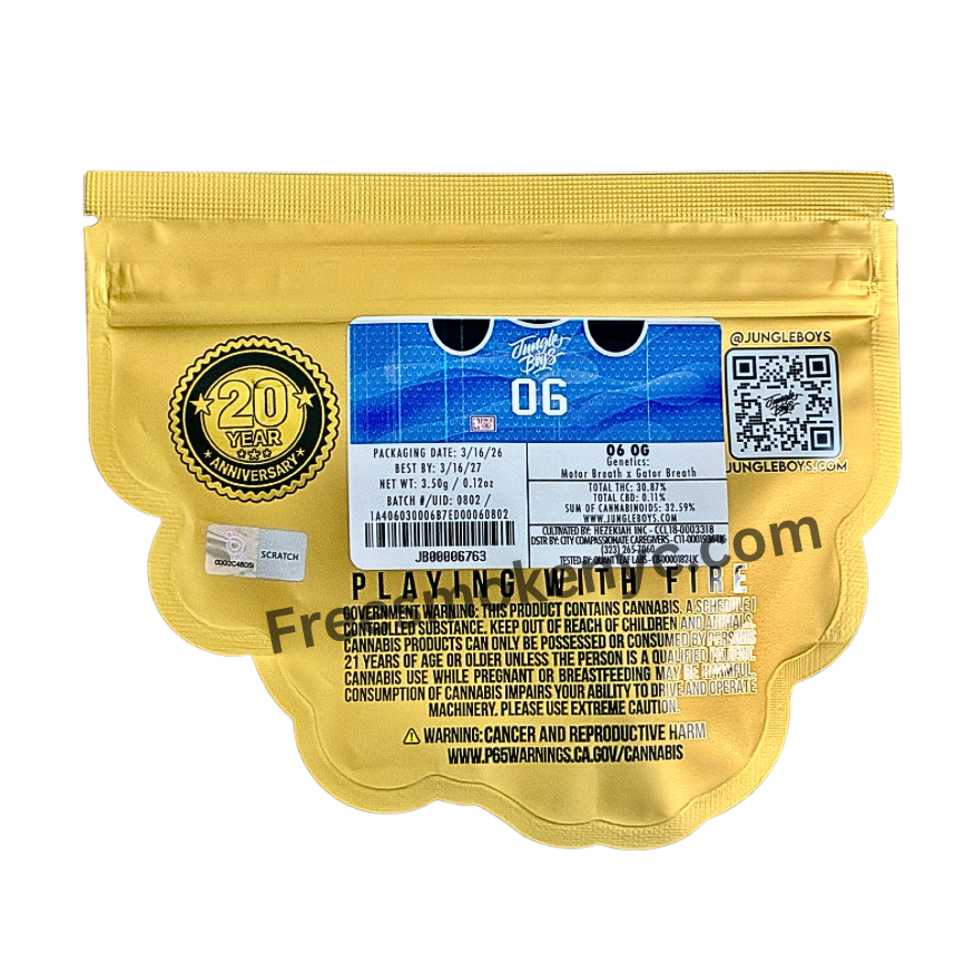 Jungle Boys “06 OG” gold packaging featuring product information on a transparent background.