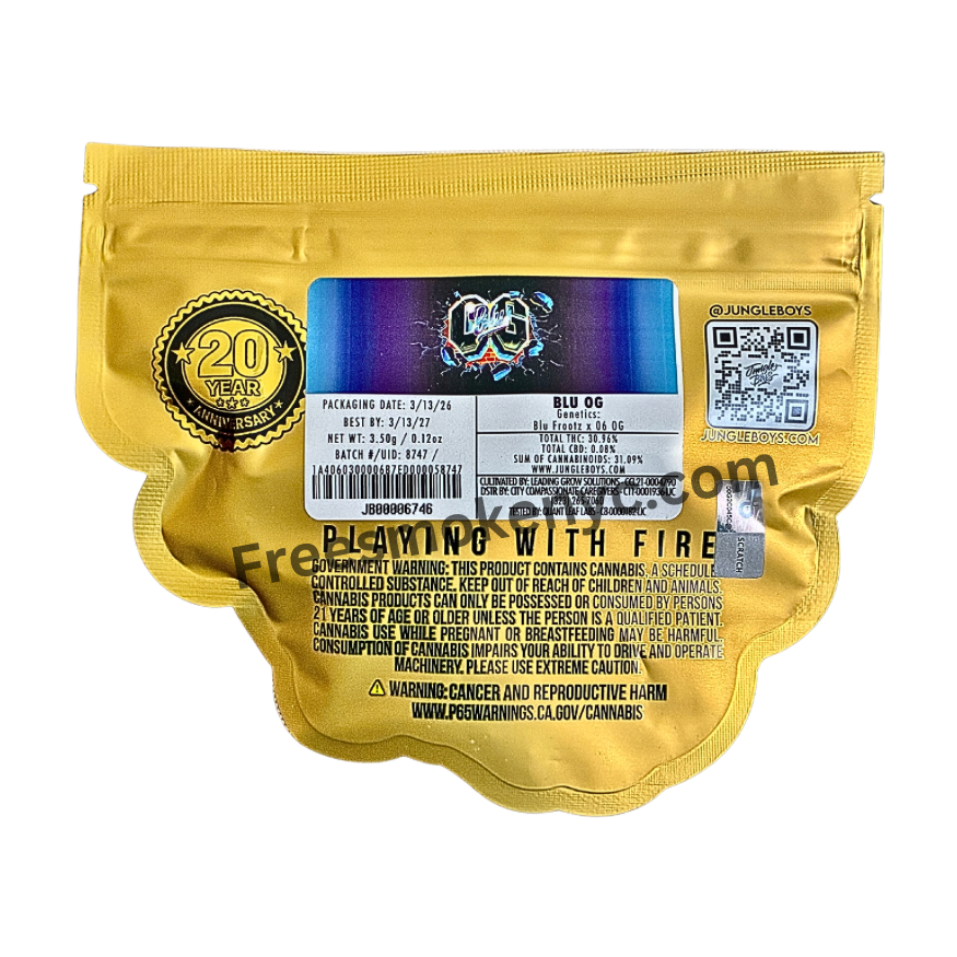Jungle Boys “Blu OG” gold packaging featuring product information on a transparent background.