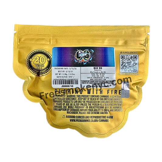 Jungle Boys “Blu OG” gold packaging featuring product information on a transparent background.