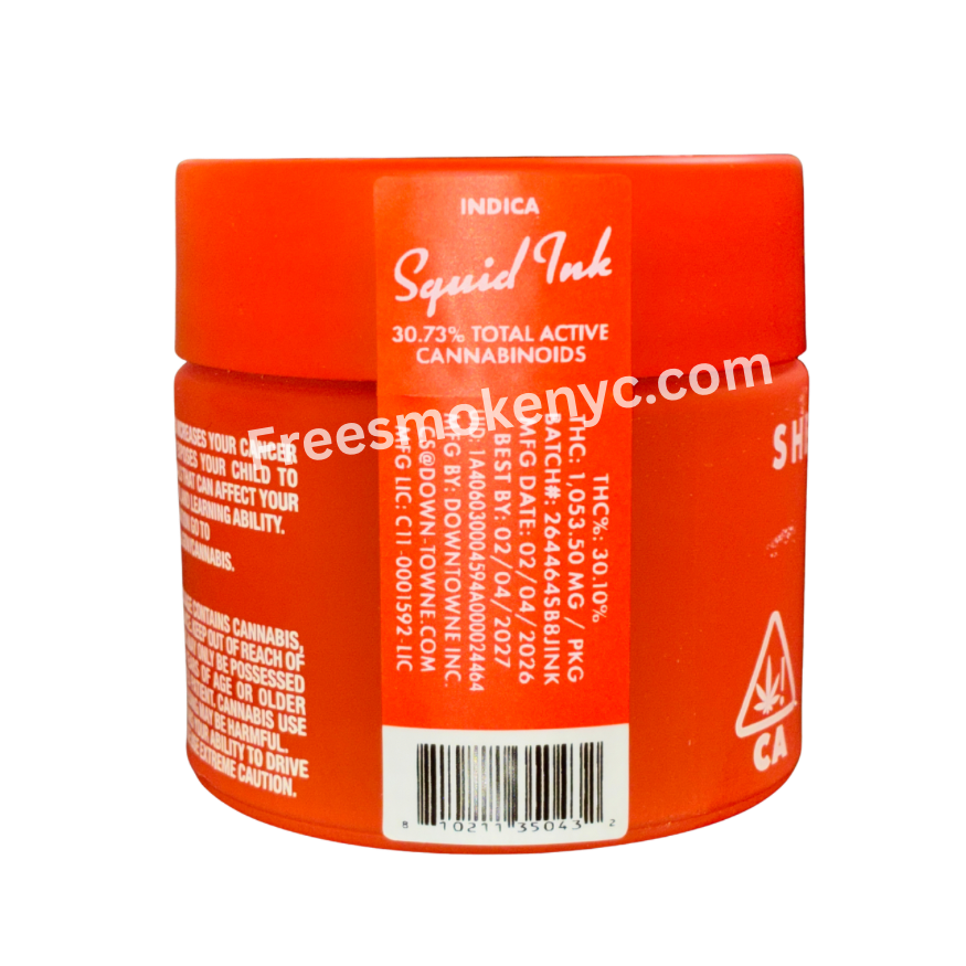 Sherbinski exotic cannabis flower Squid Ink Indica strain product packaging and information on a transparent background 
