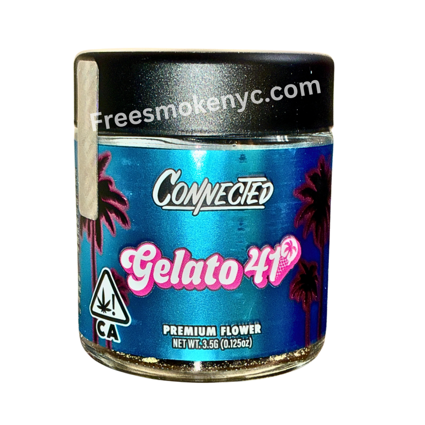Connected Cannabis Co. premium cannabis flower Gelato 41 Indica strain packaging on a transparent background 