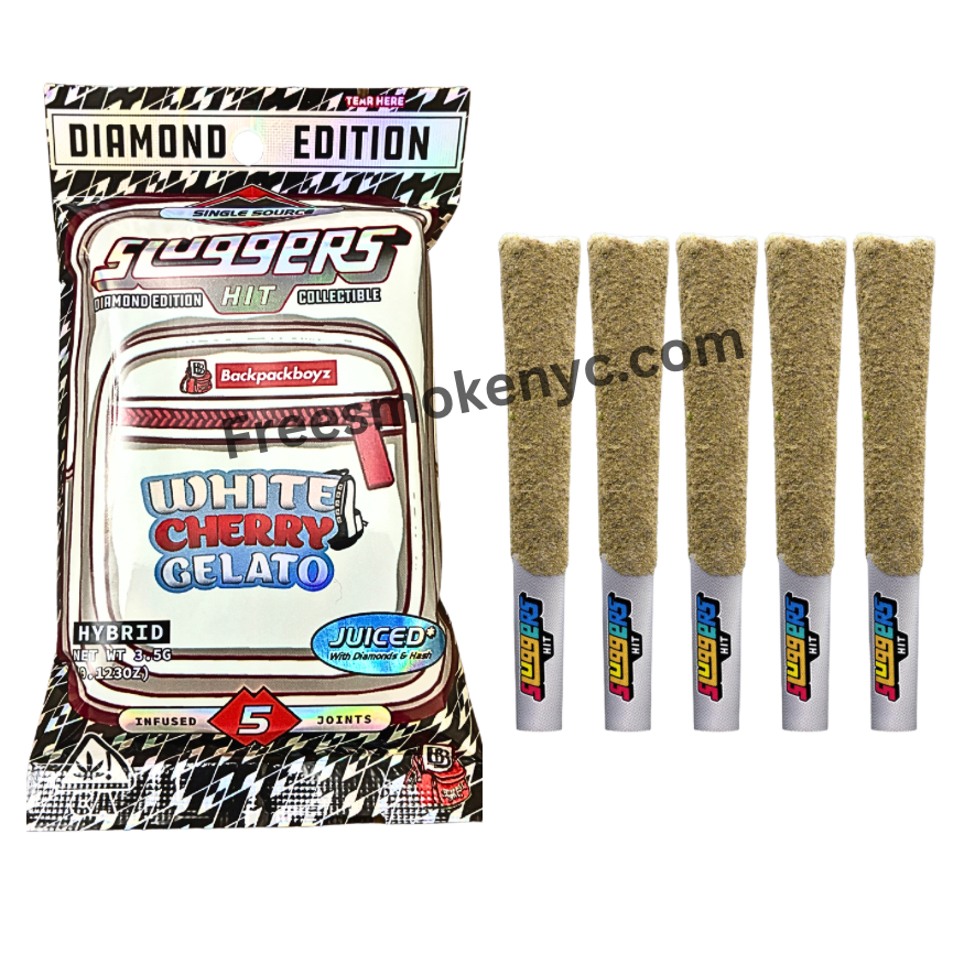 Sluggers Hit Diamond Edition White Cherry Gelato hybrid strain product packaging and pre-rolls on a transparent background 
