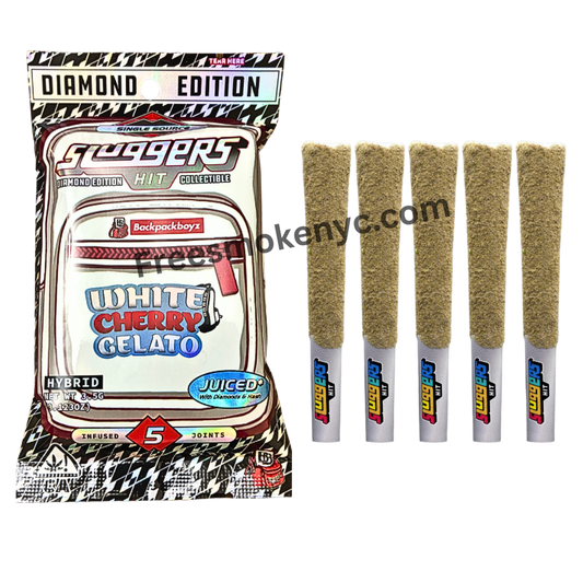 Sluggers Hit Diamond Edition White Cherry Gelato hybrid strain product packaging and pre-rolls on a transparent background 