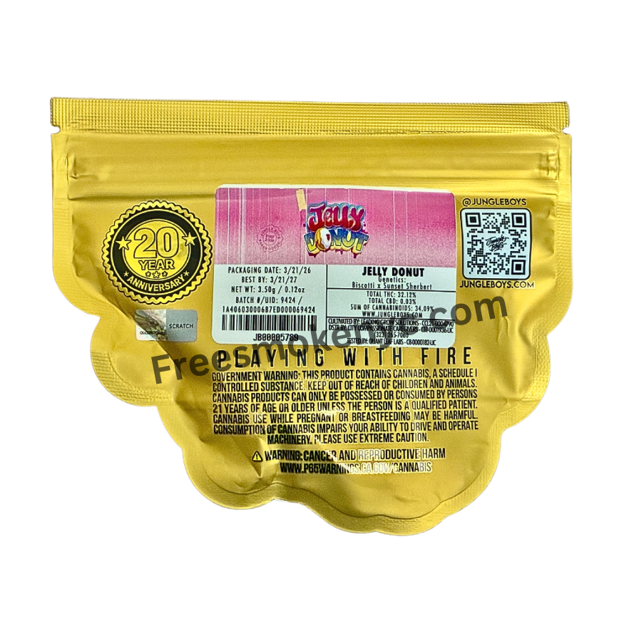 Jungle Boys hybrid cannabis Jelly Donut product packaging on transparent background 
