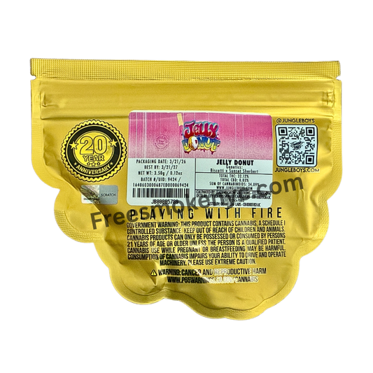 Jungle Boys hybrid cannabis Jelly Donut product packaging on transparent background 