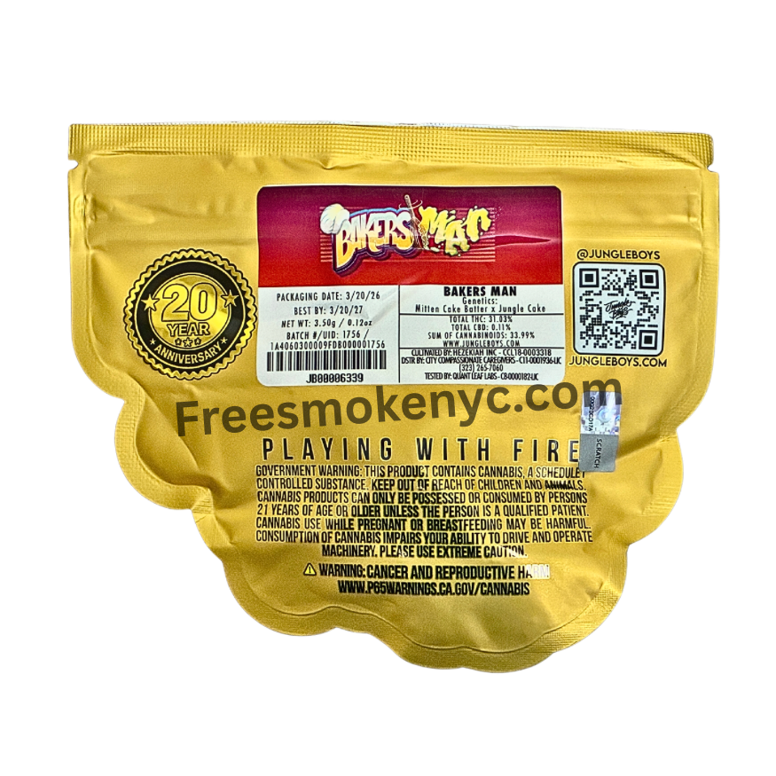 Jungle Boys hybrid strain Bakers Man product packaging and information on a transparent background 