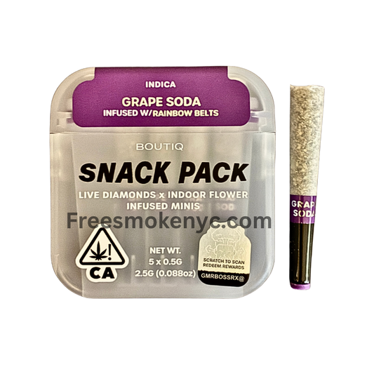 Boutiq Snack pack Indica pre-roll multipack Grape Soda infused with Rainbow Belts product packaging and pre-roll on a transparent background 