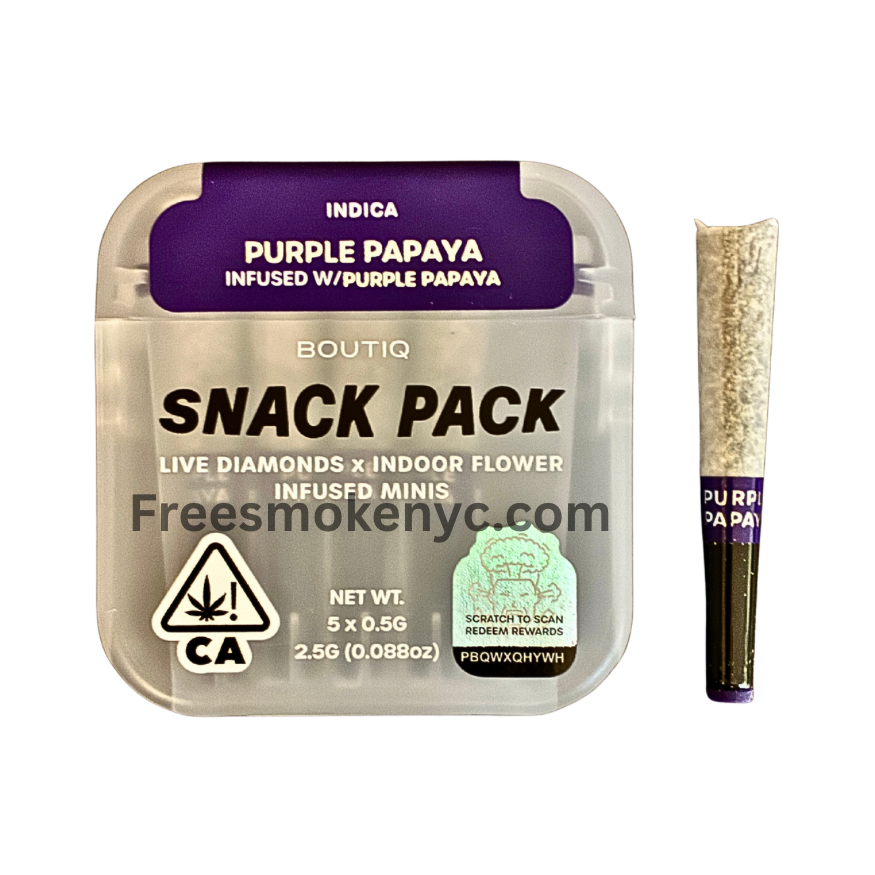Boutiq Snack pack Indica pre-roll multipack Purple Papaya infused with Purple Papaya product packaging and pre-roll on a transparent background 