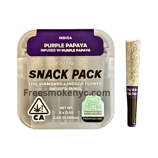 Boutiq Snack pack Indica pre-roll multipack Purple Papaya infused with Purple Papaya product packaging and pre-roll on a transparent background 