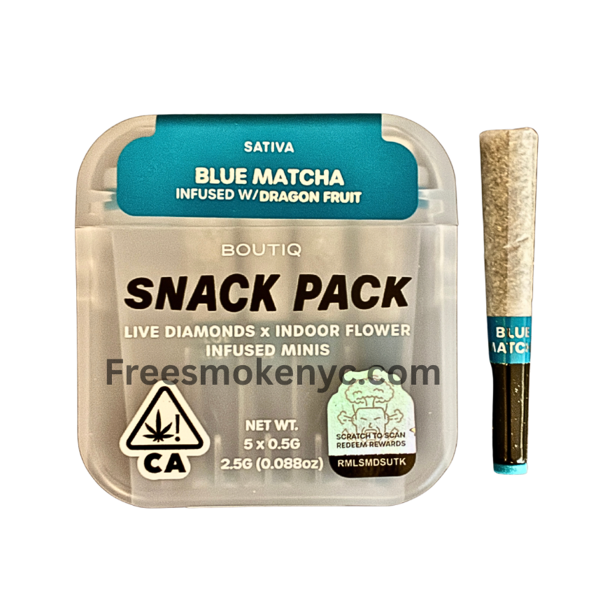 Boutiq Snack pack sativa pre-roll multipack Blue Matcha infused with Dragon Fruit product packaging and pre-roll on a transparent background 