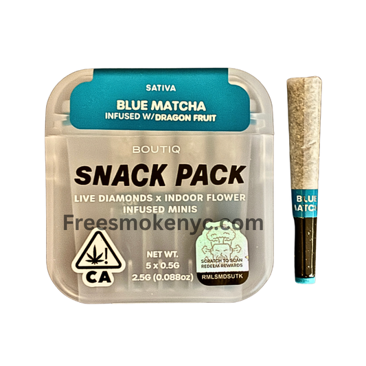 Boutiq Snack pack sativa pre-roll multipack Blue Matcha infused with Dragon Fruit product packaging and pre-roll on a transparent background 