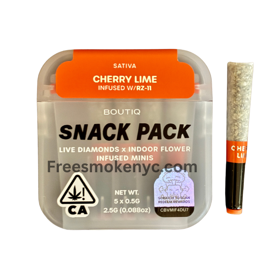 Boutiq Snack pack Indica pre-roll multipack Cherry Lime infused with RZ-11 product packaging and pre-roll on a transparent background 