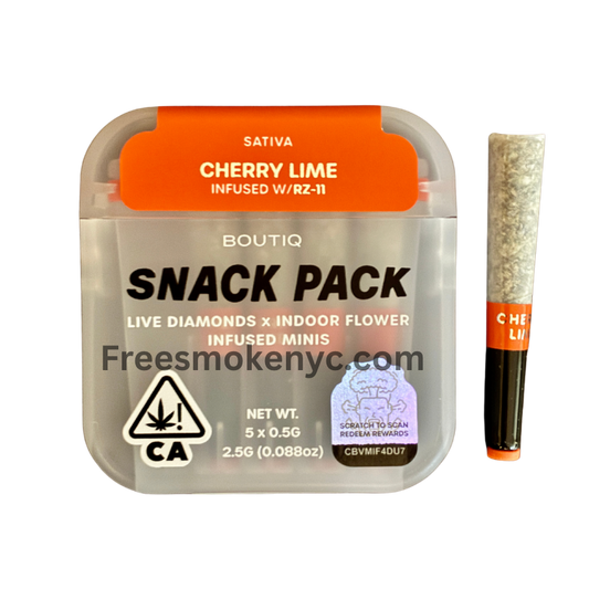 Boutiq Snack pack Indica pre-roll multipack Cherry Lime infused with RZ-11 product packaging and pre-roll on a transparent background 