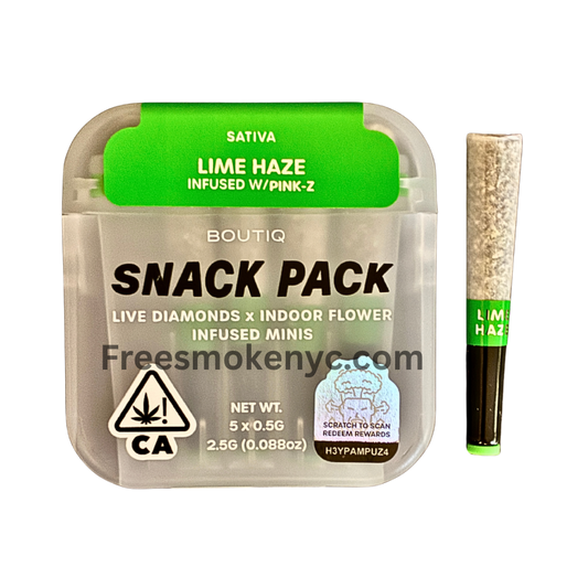 Boutiq Snack pack Indica pre-roll multipack Lime Haze infused with Pink-Z product packaging and pre-roll on a transparent background 