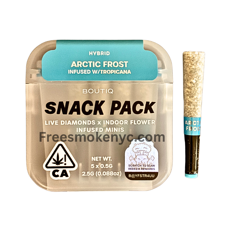 Boutiq Snack pack hybrid pre-roll multipack Arctic Frost infused with Tropicana product packaging and pre-roll on a transparent background 