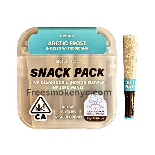 Boutiq Snack pack hybrid pre-roll multipack Arctic Frost infused with Tropicana product packaging and pre-roll on a transparent background 