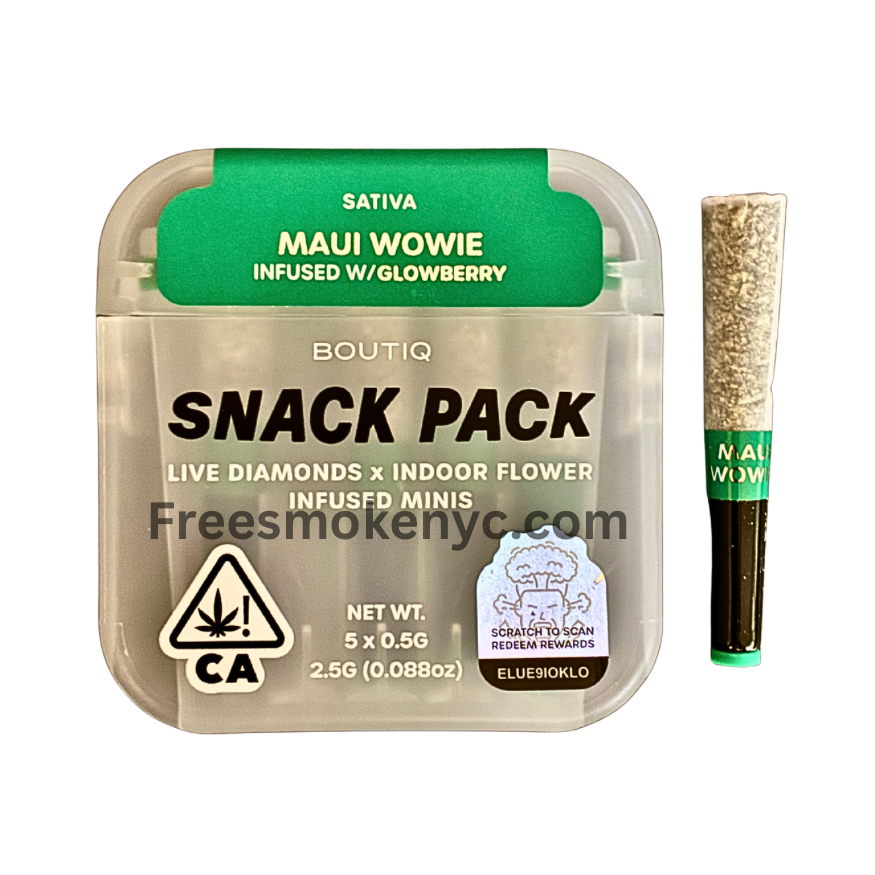 Boutiq Snack pack sativa pre-roll multipack Maui Wowie infused with Glowberry product packaging and pre-roll on a transparent background 