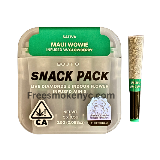Boutiq Snack pack sativa pre-roll multipack Maui Wowie infused with Glowberry product packaging and pre-roll on a transparent background 