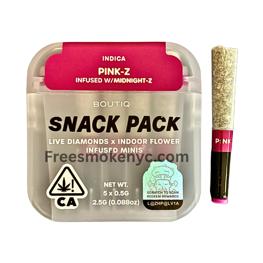 Boutiq Snack pack Indica pre-roll multipack Pink-Z infused with Midnight-Z product packaging and pre-roll on a transparent background 