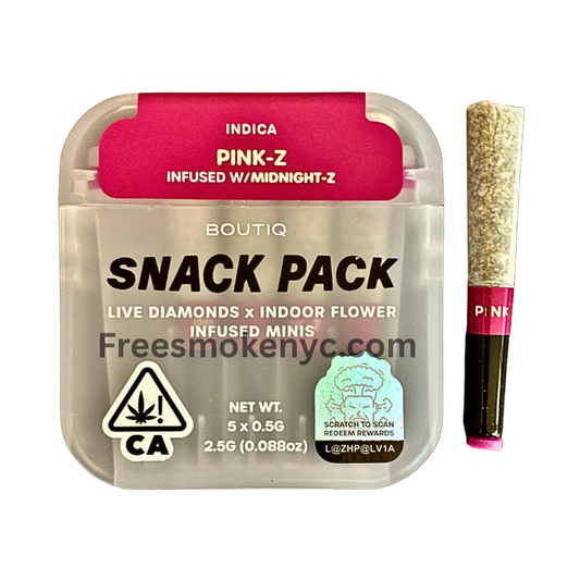 Boutiq Snack pack Indica pre-roll multipack Pink-Z infused with Midnight-Z product packaging and pre-roll on a transparent background 