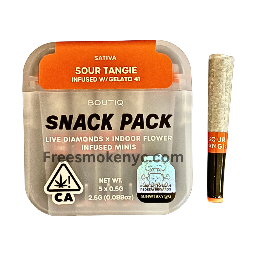 Boutiq Snack pack sativa pre-roll multipack Sour Tangie infused with Gelato 41 product packaging and pre-roll on a transparent background 