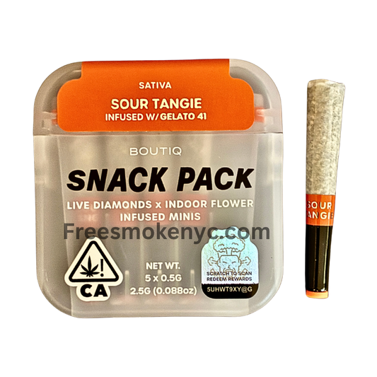 Boutiq Snack pack sativa pre-roll multipack Sour Tangie infused with Gelato 41 product packaging and pre-roll on a transparent background 