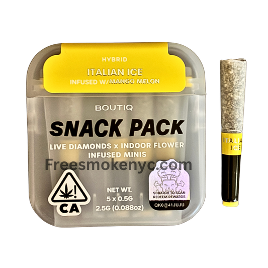 Boutiq Snack pack hybrid pre-roll multipack Italian Ice infused with Mango Melon product packaging and pre-roll on a transparent background 