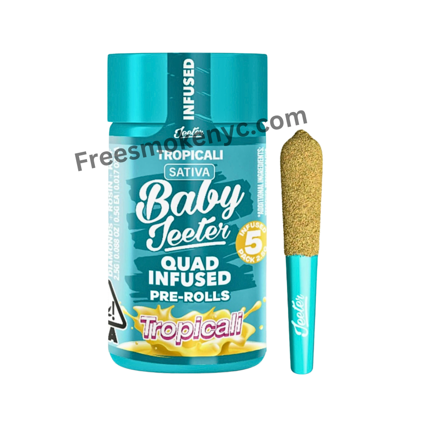 Baby Jeeter Tropicali infused pre-roll packaging and pre-roll on a transparent background 