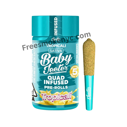 Baby Jeeter Tropicali infused pre-roll packaging and pre-roll on a transparent background 