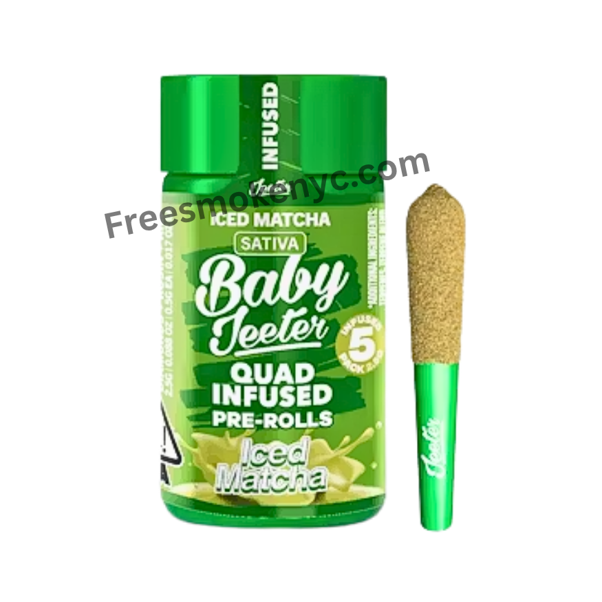 Baby Jeeter Iced Matcha quad infused pre-roll and product packaging on a transparent background 