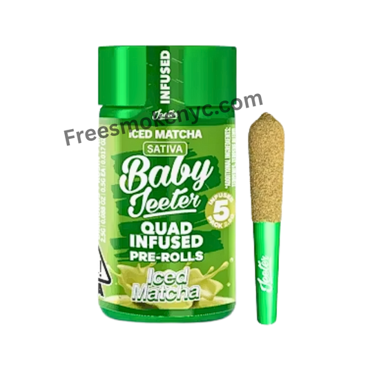 Baby Jeeter Iced Matcha quad infused pre-roll and product packaging on a transparent background 