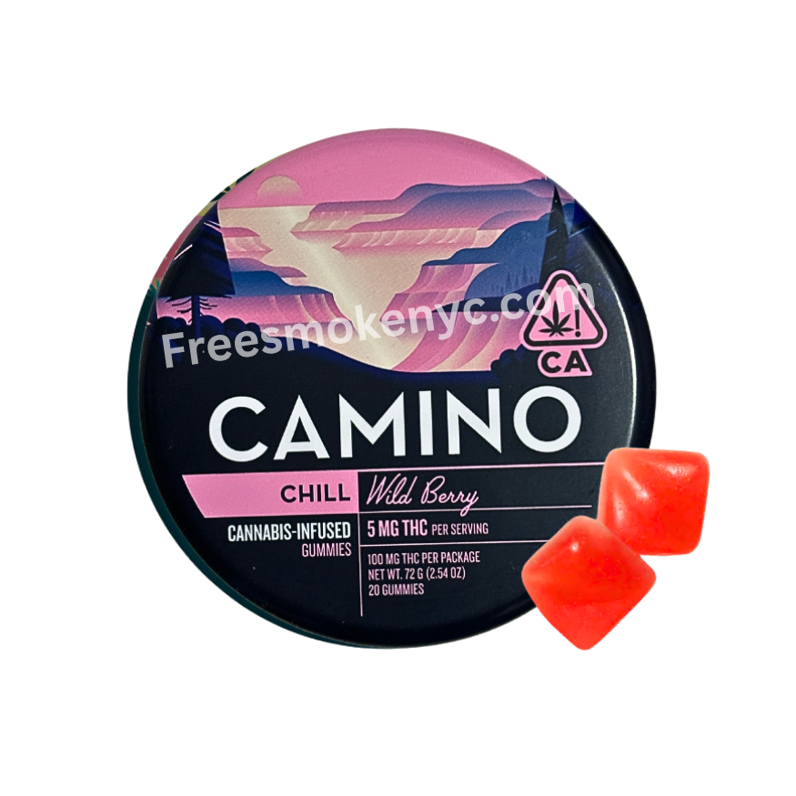 Camino THC infused gummy packaging featuring edible gummy on a transparent background 