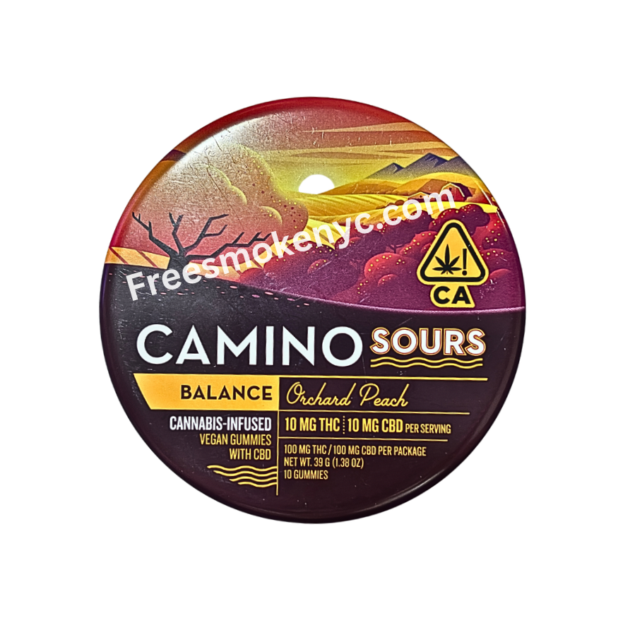 Camino THC infused gummies Orchard Peach packaging on transparent background 