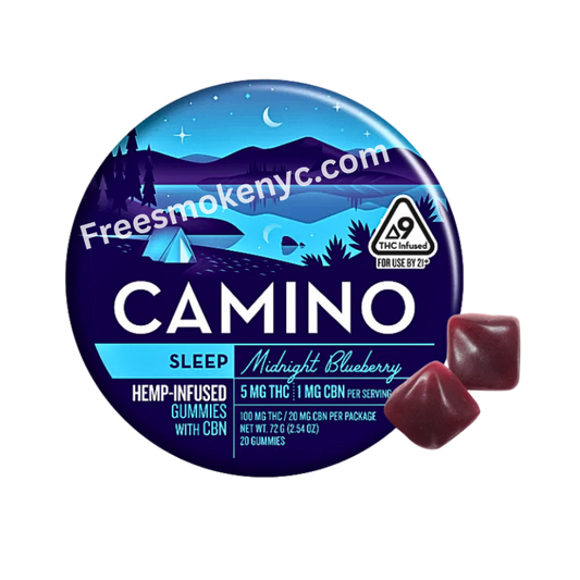 Camino THC infused gummies Midnight Blueberry; indica strain product and packaging on a transparent background 