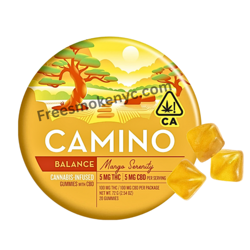Camino THC infused gummies Mango serenity product and packaging on a transparent background 