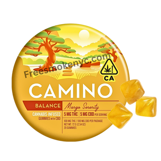 Camino THC infused gummies Mango serenity product and packaging on a transparent background 