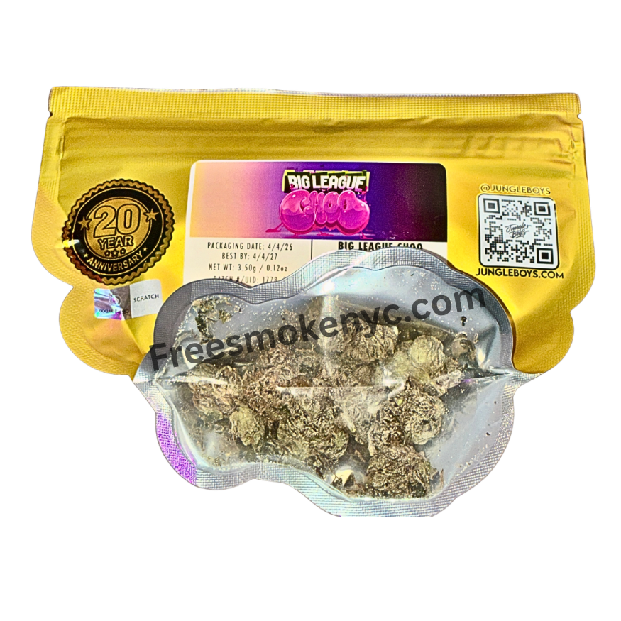 Jungle Boys Big League Choo hybrid strain product packaging and cannabis flower on transparent background 