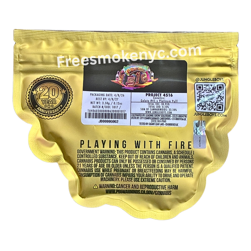 Jungle Boys hybrid strain Project 4516 product packaging and info on a transparent background 