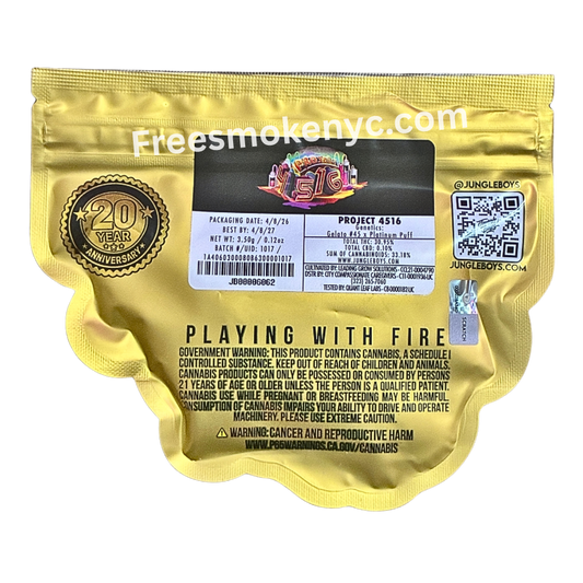 Jungle Boys hybrid strain Project 4516 product packaging and info on a transparent background 