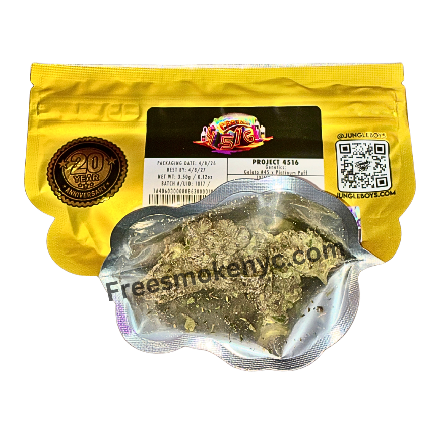 Jungle Boys hybrid strain Project 4516 product packaging and cannabis flower on a transparent background 