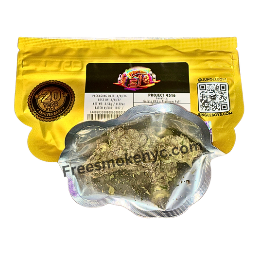Jungle Boys hybrid strain Project 4516 product packaging and cannabis flower on a transparent background 