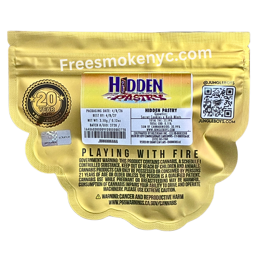 Jungle Boys hybrid strain Hidden Pastry product packaging and info on a transparent background 