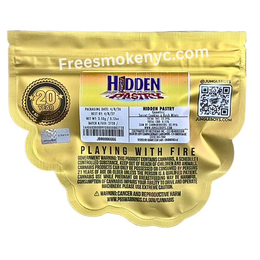 Jungle Boys hybrid strain Hidden Pastry product packaging and info on a transparent background 