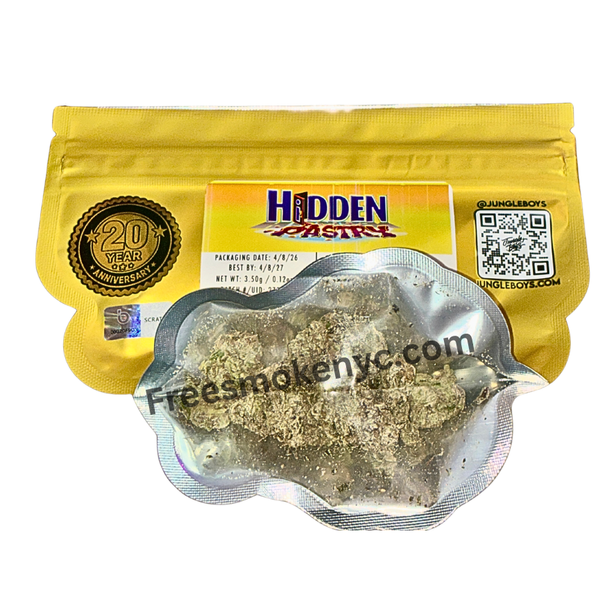 Jungle Boys hybrid strain Hidden Pastry product packaging and cannabis flower on a transparent background 